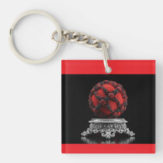 Red And Black Mandelbrot Sphere On Silver Pedestal Key Ring