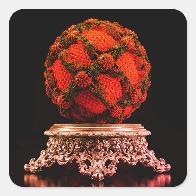 Red And Black Mandelbrot Sphere On Silver Pedestal Square Sticker (Front)