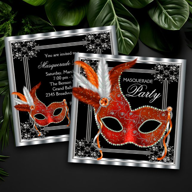 Red and Black Masquerade Party Invitation (Beautiful red, black and silver masquerade party invitation with elegant red feather mask.)