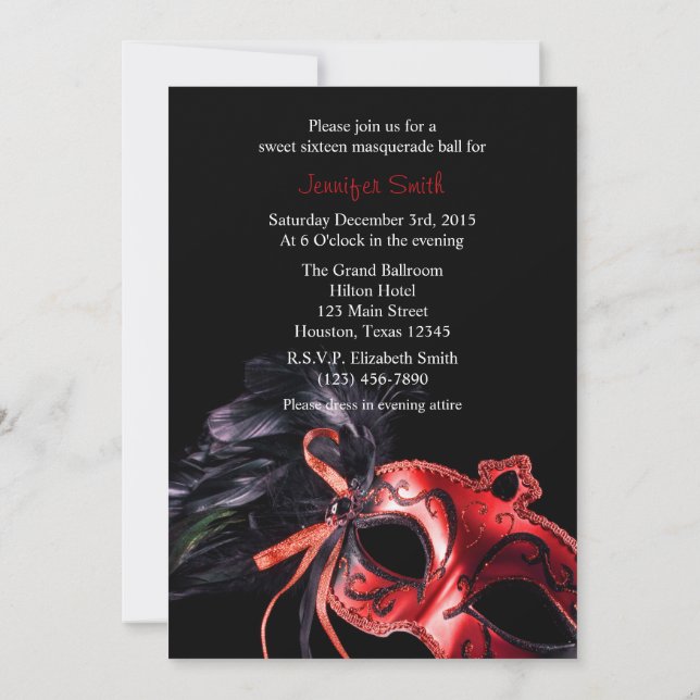 Red and Black Masquerade Sweet 16 Ball Invitation (Back)