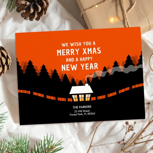 Red and black Merry Xmas with retro pine trees Card (Creator Uploaded)