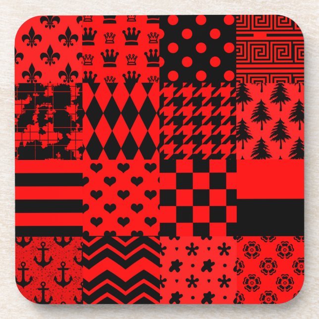 Red and Black Mixed Patterns Patchwork Design  Coaster (Front)