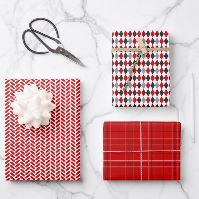 Red and Black Mixed Patterns Wrapping Paper Sheet (Front)