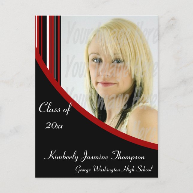 Red and Black Mod Stripes Graduation Postcard (Front)