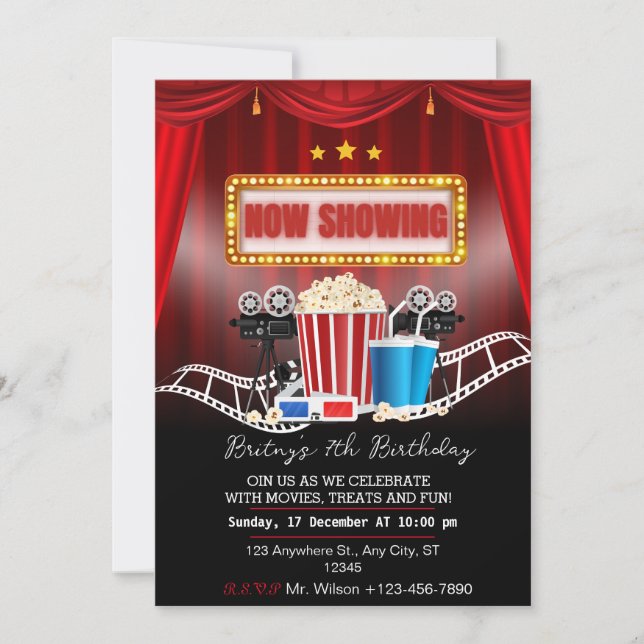 Red And Black Movie Night Birthday Party Invitatio Invitation (Front)