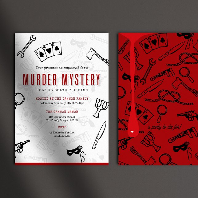 Red and Black Murder Mystery Invitation (Fun murder mystery party invitations shown on grey background with mysterious shadow overlay)