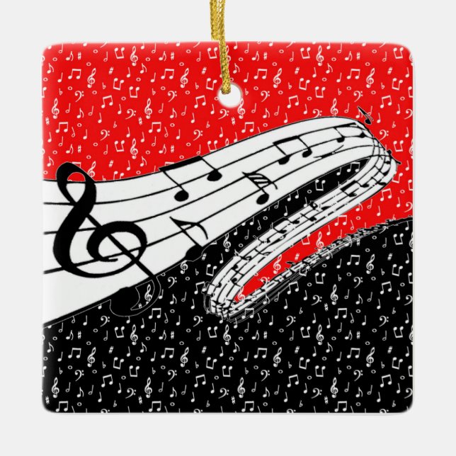 Red and black music theme ceramic tree decoration (Front)