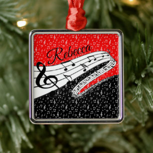 Red and black music theme personalised metal tree decoration