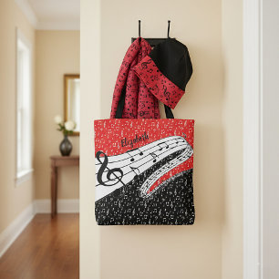 Red and black music theme personalised tote bag