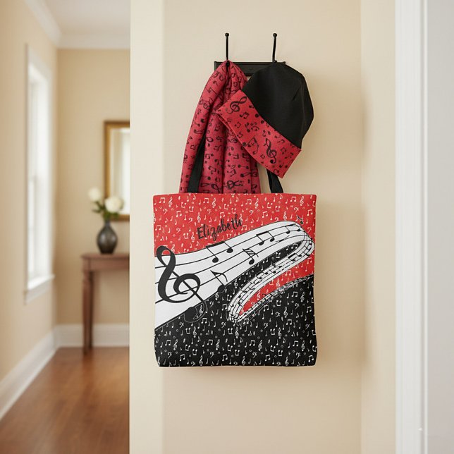 Red and black music theme personalised tote bag (Creator Uploaded)