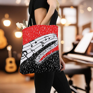 Red and black music theme tote bag