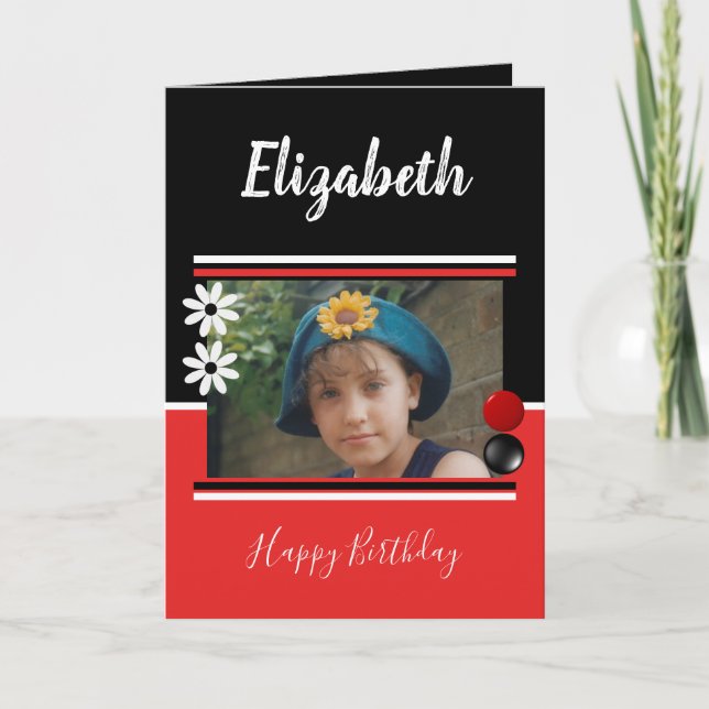 Red and black name and photo Happy Birthday Card (Front)