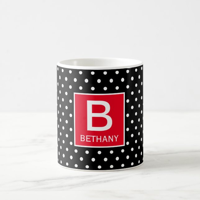 Red and Black (or Custom Colour) Monogram Polka Do Coffee Mug (Center)