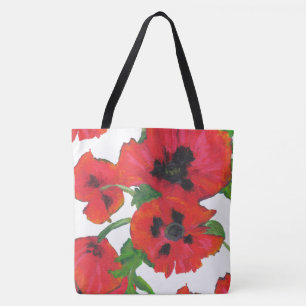 Red and Black Oriental Poppies on White Tote Bag