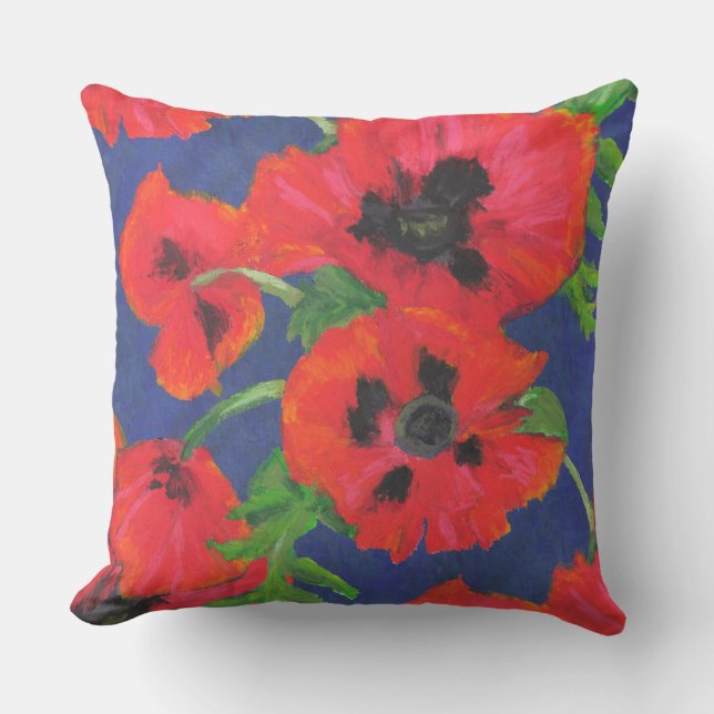 Red and Black Oriental Poppies Pattern on Blue Cushion (Front)