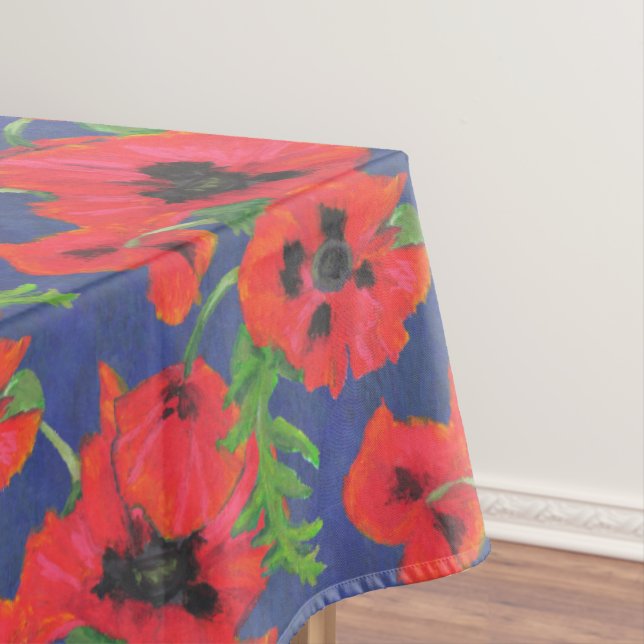 Red and Black Oriental Poppies Pattern on Blue Tablecloth (In Situ)