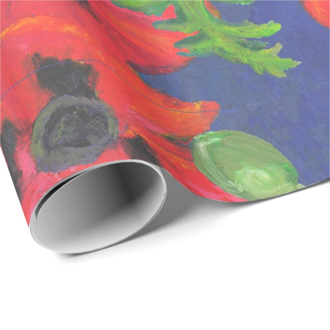 Red and Black Oriental Poppies Pattern on Blue Wrapping Paper (Roll Corner)