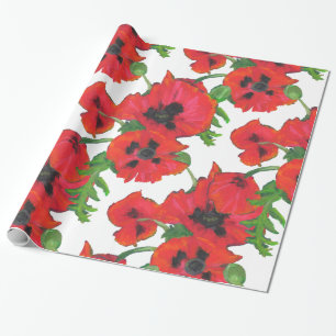 Red and Black Oriental Poppies Pattern on White Wrapping Paper