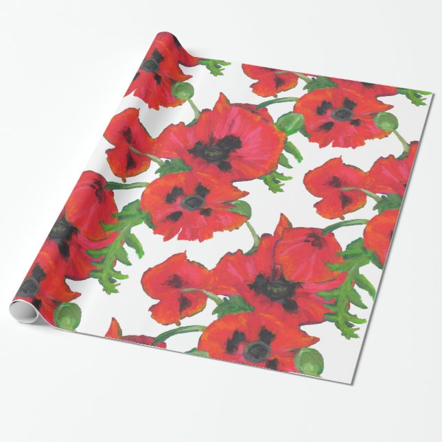 Red and Black Oriental Poppies Pattern on White Wrapping Paper (Unrolled)