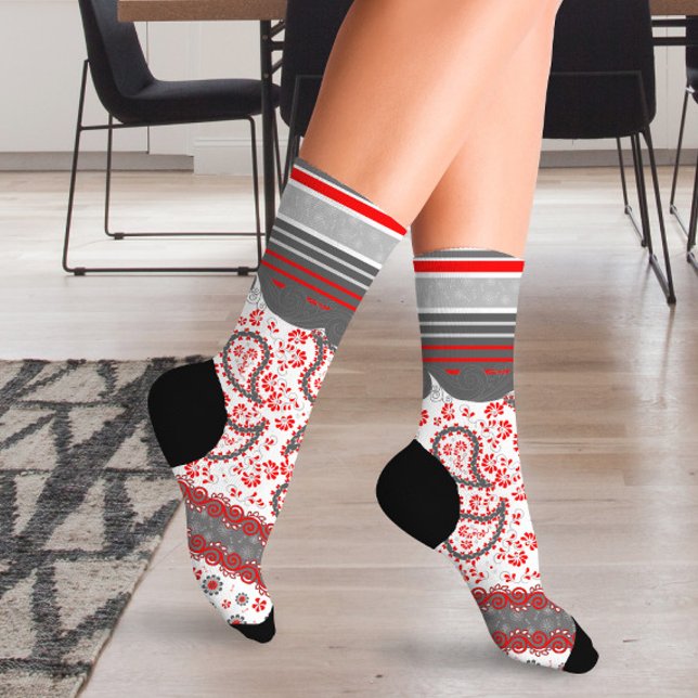 Red and Black Paisley Bandanna Damask Socks (Creator Uploaded)