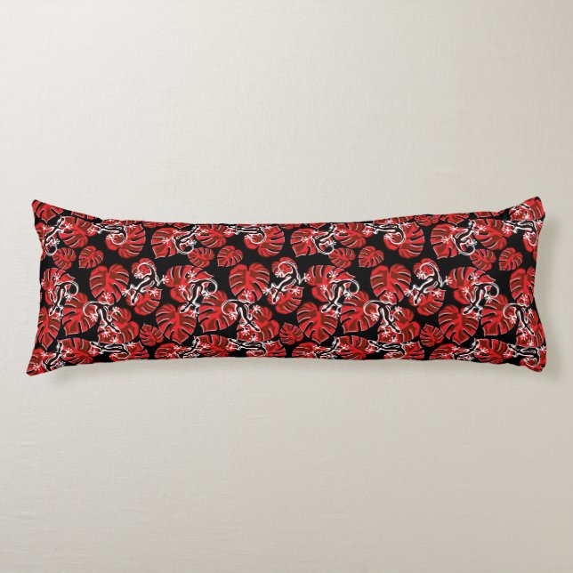 Red And Black Pattern - Geckos And Leaves Body Cushion (Front)