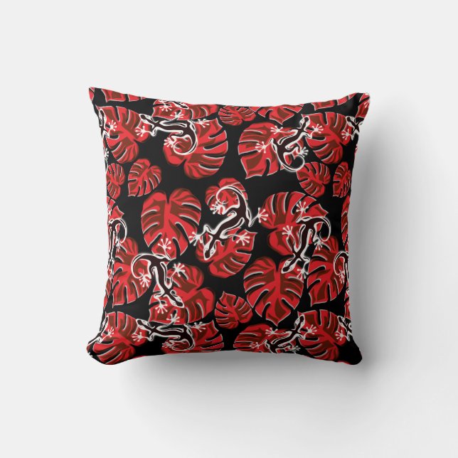 Red And Black Pattern - Geckos And Leaves Cushion (Front)