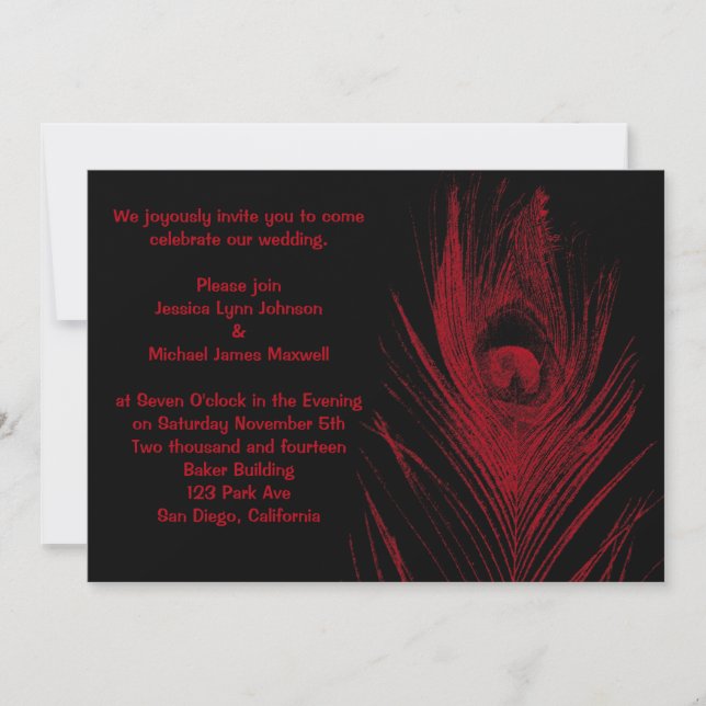 Red and Black Peacock Wedding Invitation (Front)