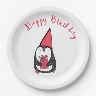 Red and Black Penguin Birthday Paper Plate