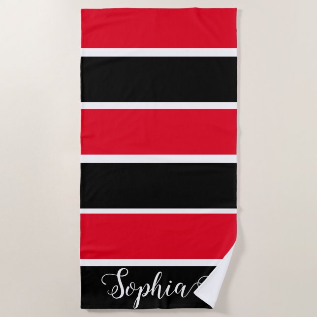 Red And Black Personalised Name Stripes Beach Towel (Front)