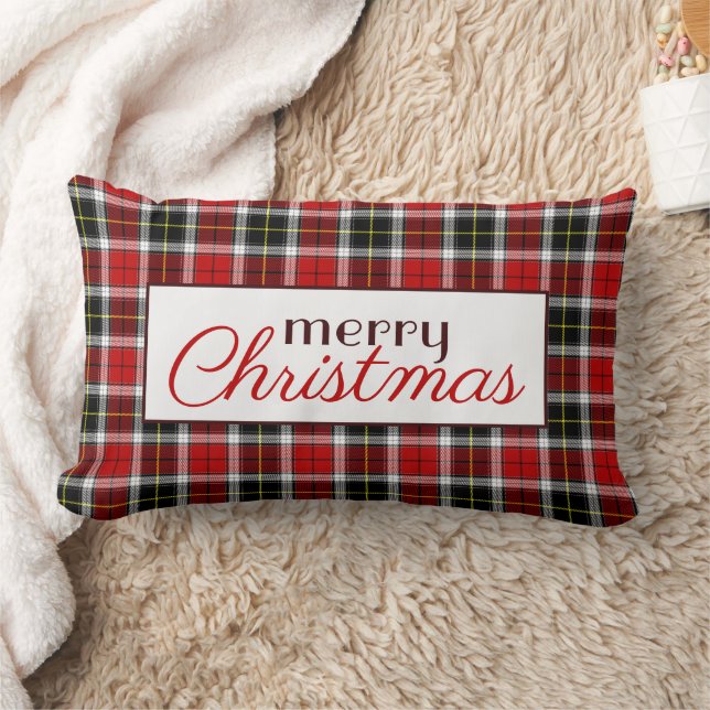 Red and Black Plaid Add Name Merry Christmas Lumbar Cushion (Blanket)