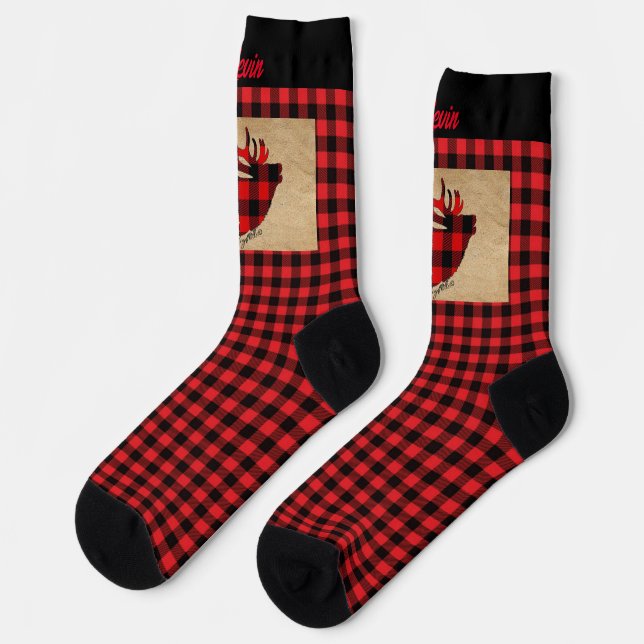 Red and Black Plaid Bull Elk Doormat Socks (Left)