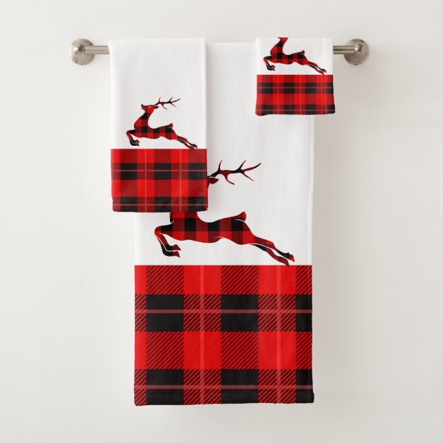 Red and black plaid deer and border bath towel set (Insitu)