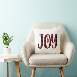 Red and Black Plaid Designed Joy Quoted Christmas Cushion