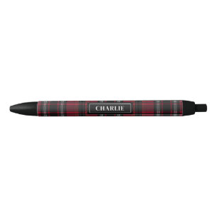 Red And Black Plaid Tartan Pattern And Custom Name Black Ink Pen