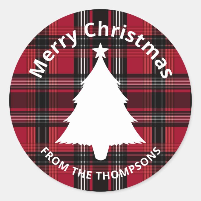 Red And Black Plaid Tartan Pattern With Text Classic Round Sticker (Front)