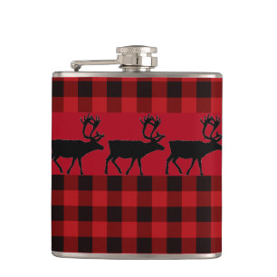 Red and black plaid with Elk accent Hip Flask