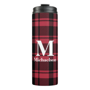Red and Black Plaid with Monogram Name Thermal Tumbler