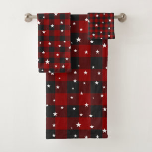 Red and black plaid with stars bath towel set