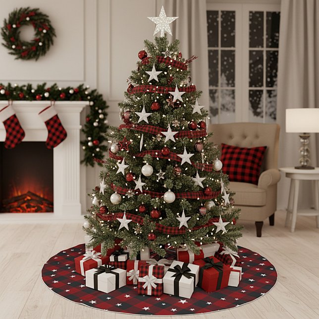 Red and black plaid with stars  brushed polyester tree skirt (Creator Uploaded)