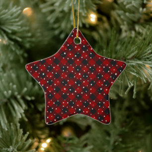 Red and black plaid with stars  ceramic ornament