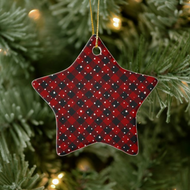 Red and black plaid with stars  ceramic ornament (Tree)