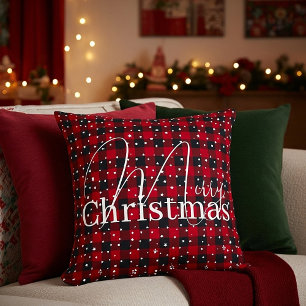 Red and black plaid with stars  cushion