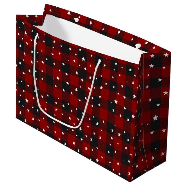 Red and black plaid with stars  large gift bag (Front Angled)