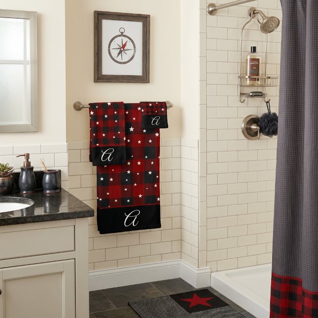 Red and black plaid with stars monogram bath towel set (Creator Uploaded)