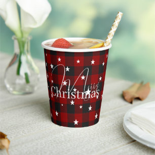 Red and black plaid with stars paper cups