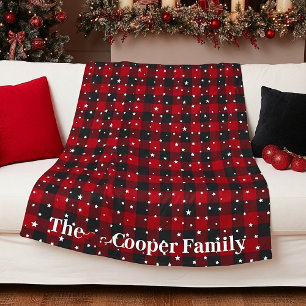 Red and black plaid with stars personalised fleece blanket