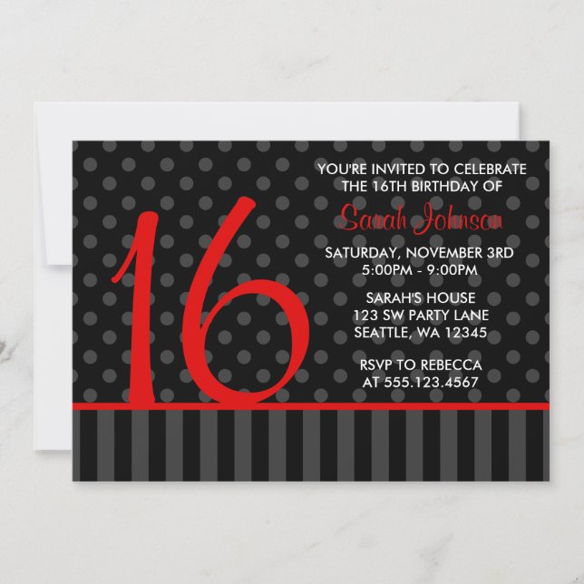 Red and Black Polka Dot Stripes Sweet 16 Birthday Invitation (Front)