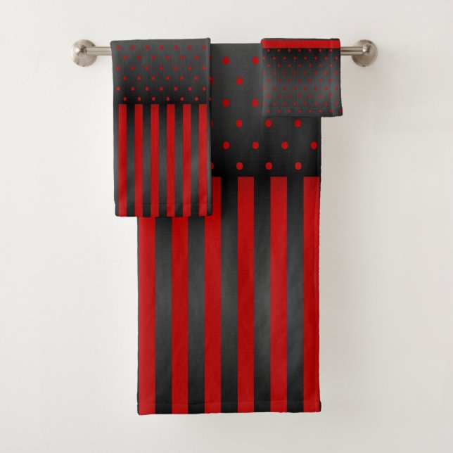 Red and Black Polka Dots and Stripes Bath Towel Set (Insitu)