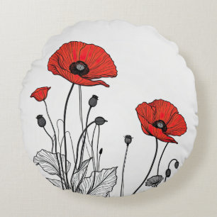 Red and black poppies round cushion