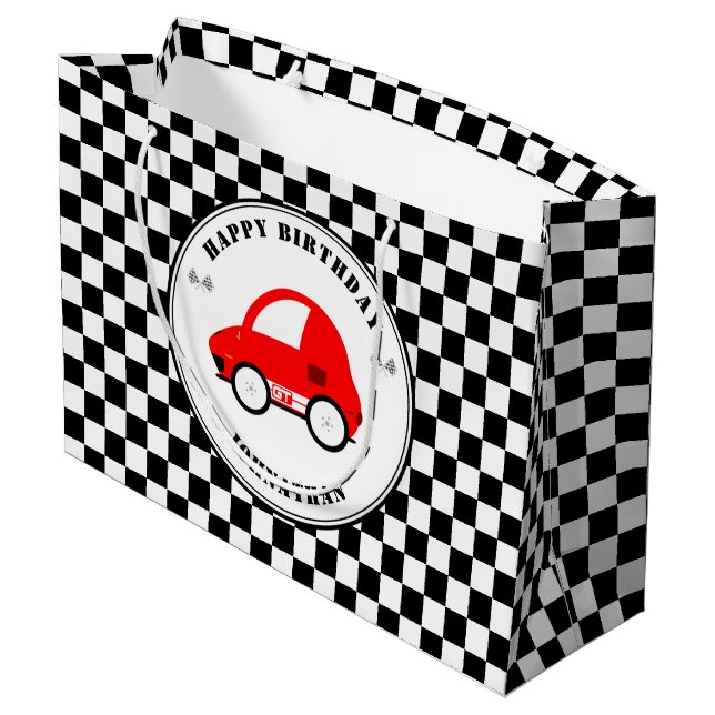 Red and Black Race Car Chequered Birthday Large Gift Bag (Back Angled)